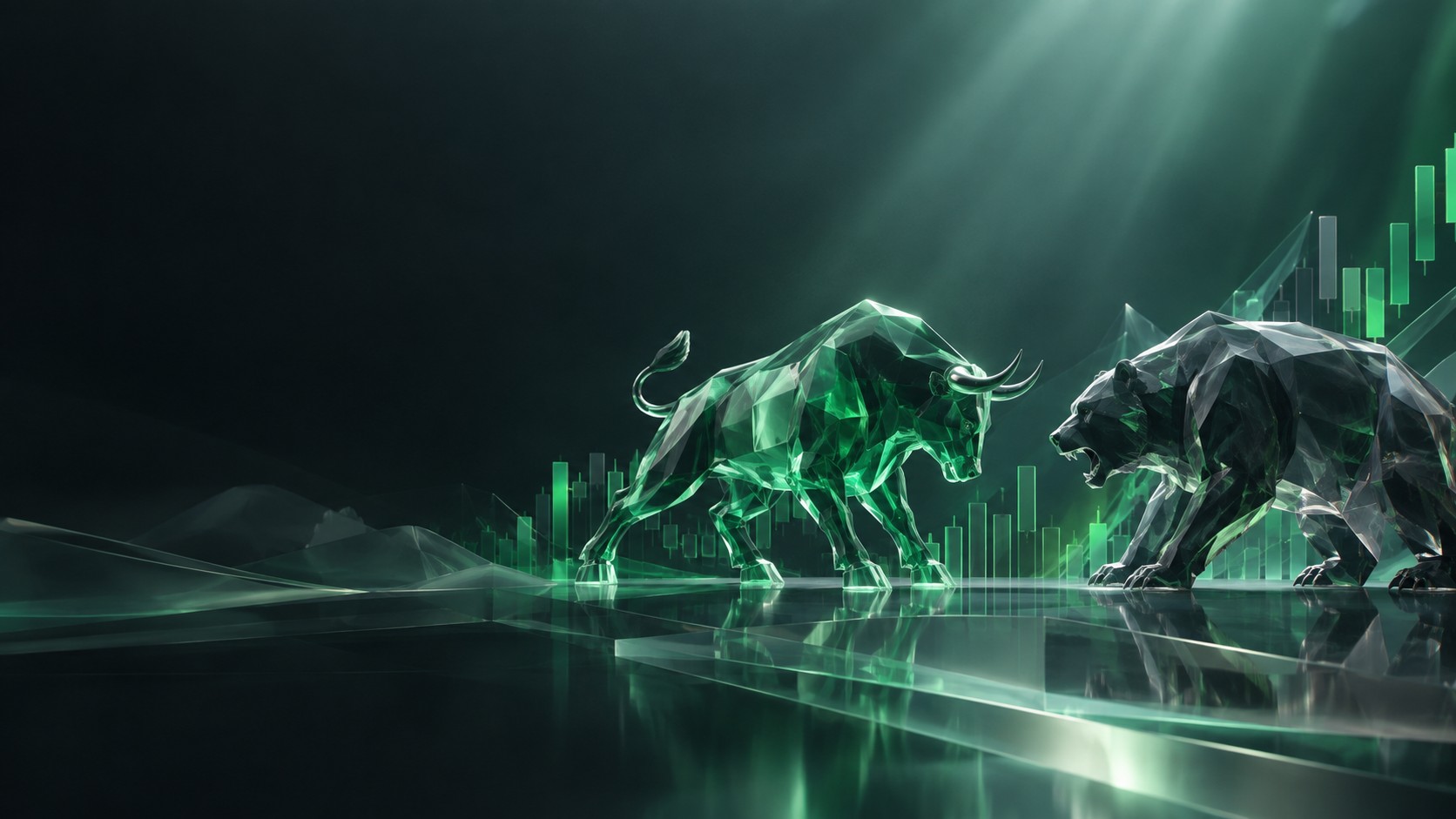 Bull and a bear facing each other on a chart landscape