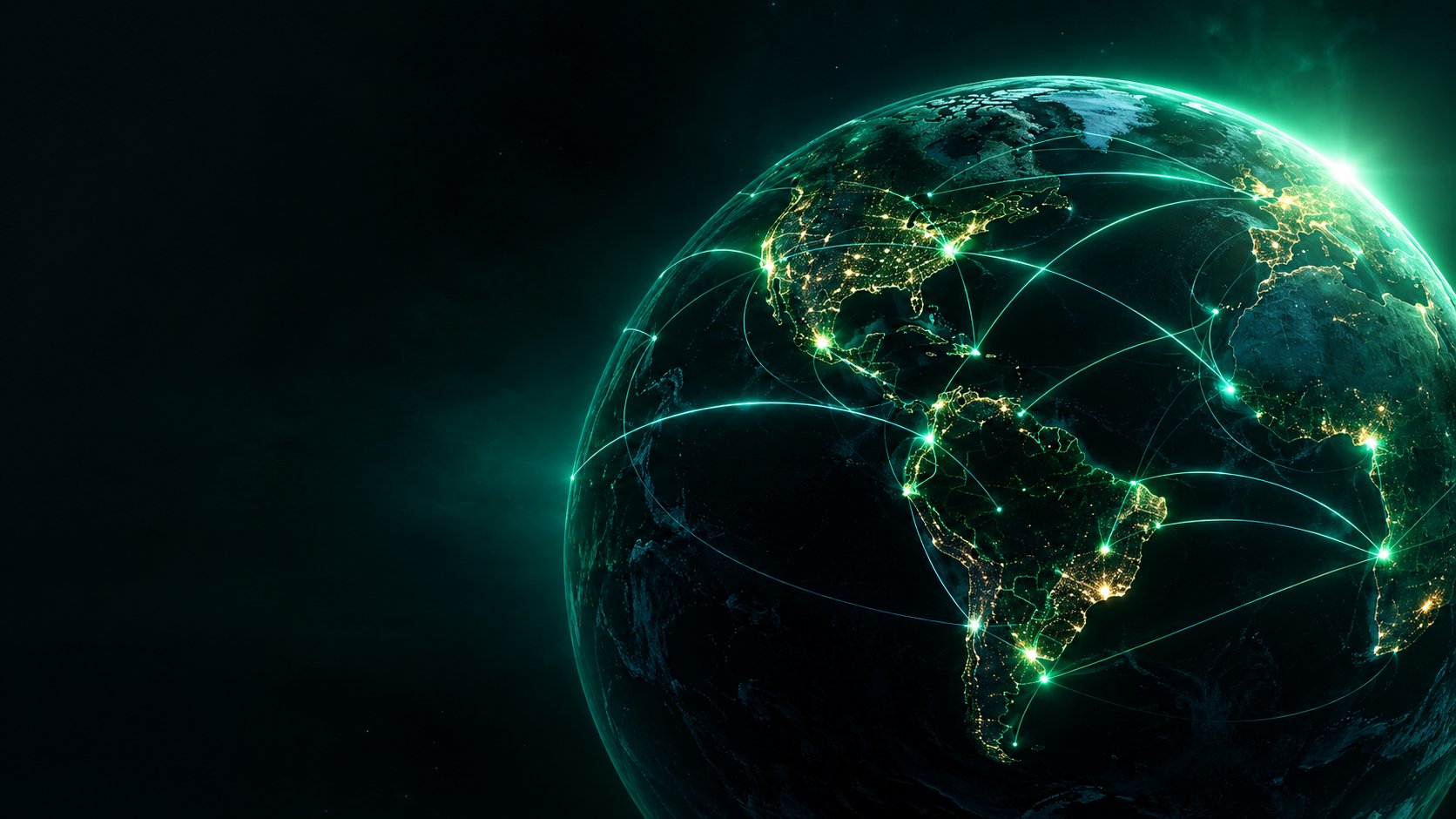Night earth view from space with glowing trade routes