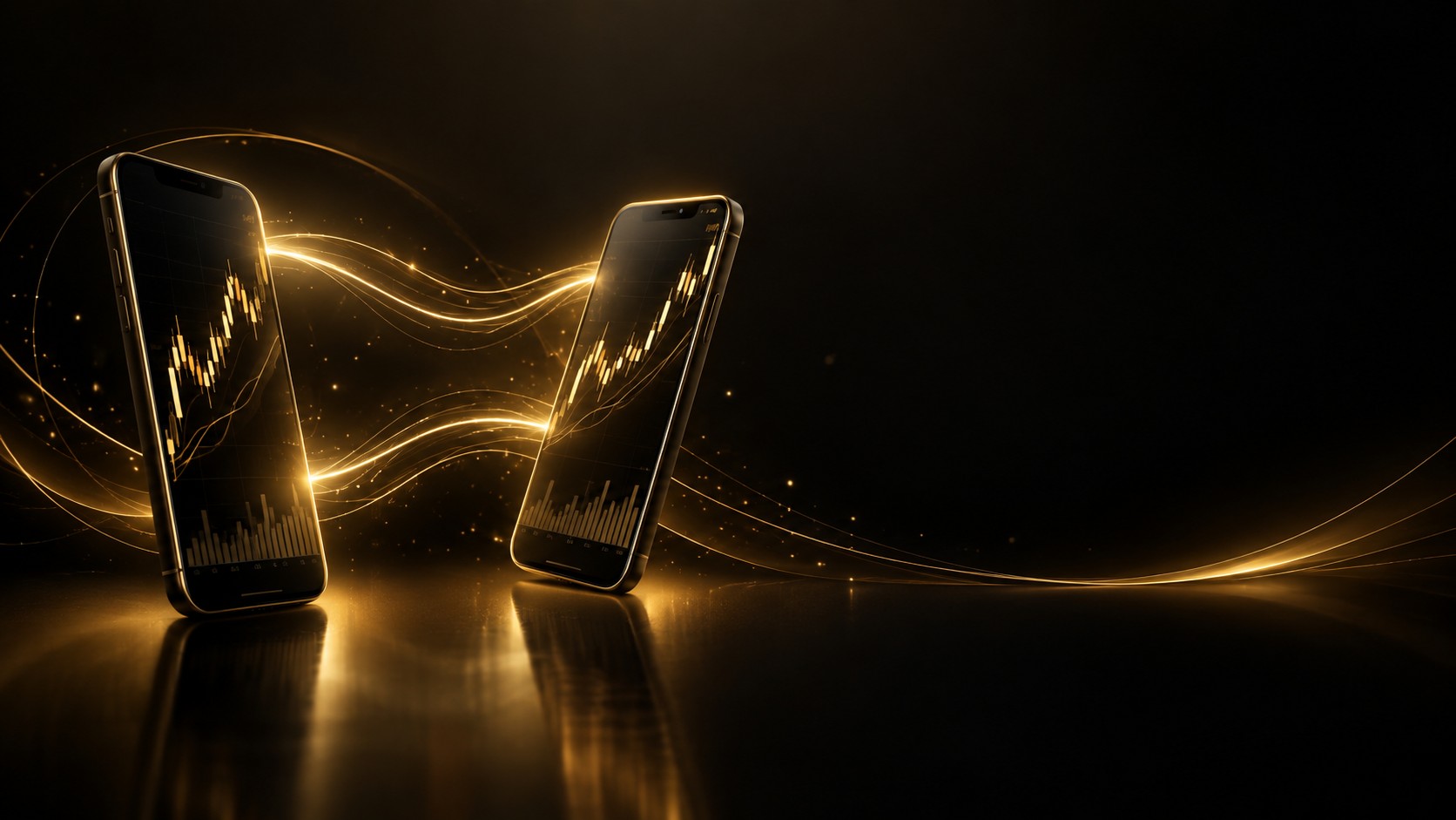 Two phones mirroring the same trade chart connected by light