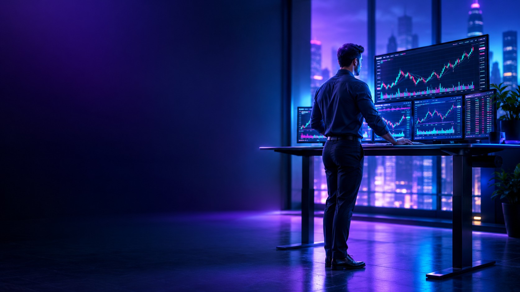 Investor at a standing desk watching fast moving intraday stock charts