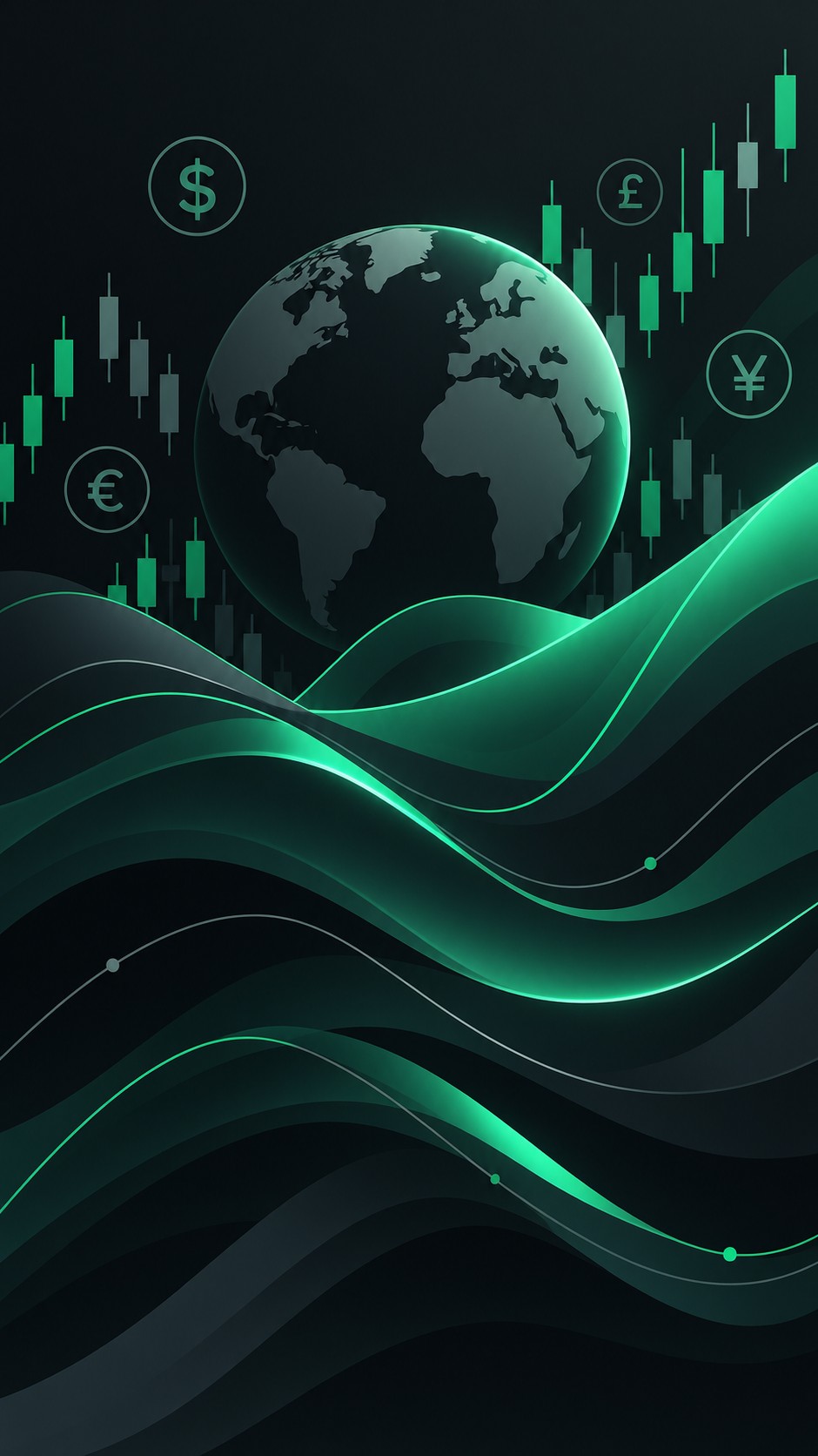 Abstract waves of light representing market volatility across currency charts